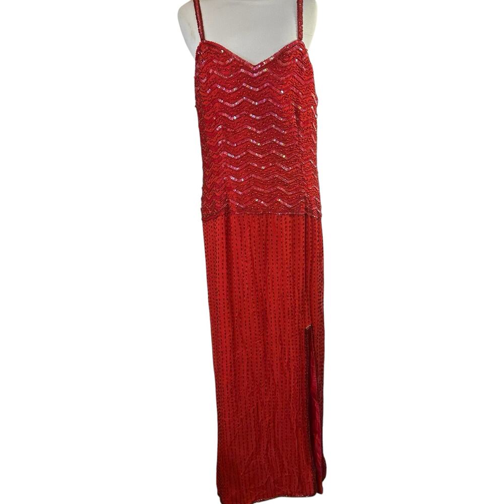 VTG Landmark Silk Maxi Evening Dress XL Beaded Sequin Y2K Flapper Cocktail Prom